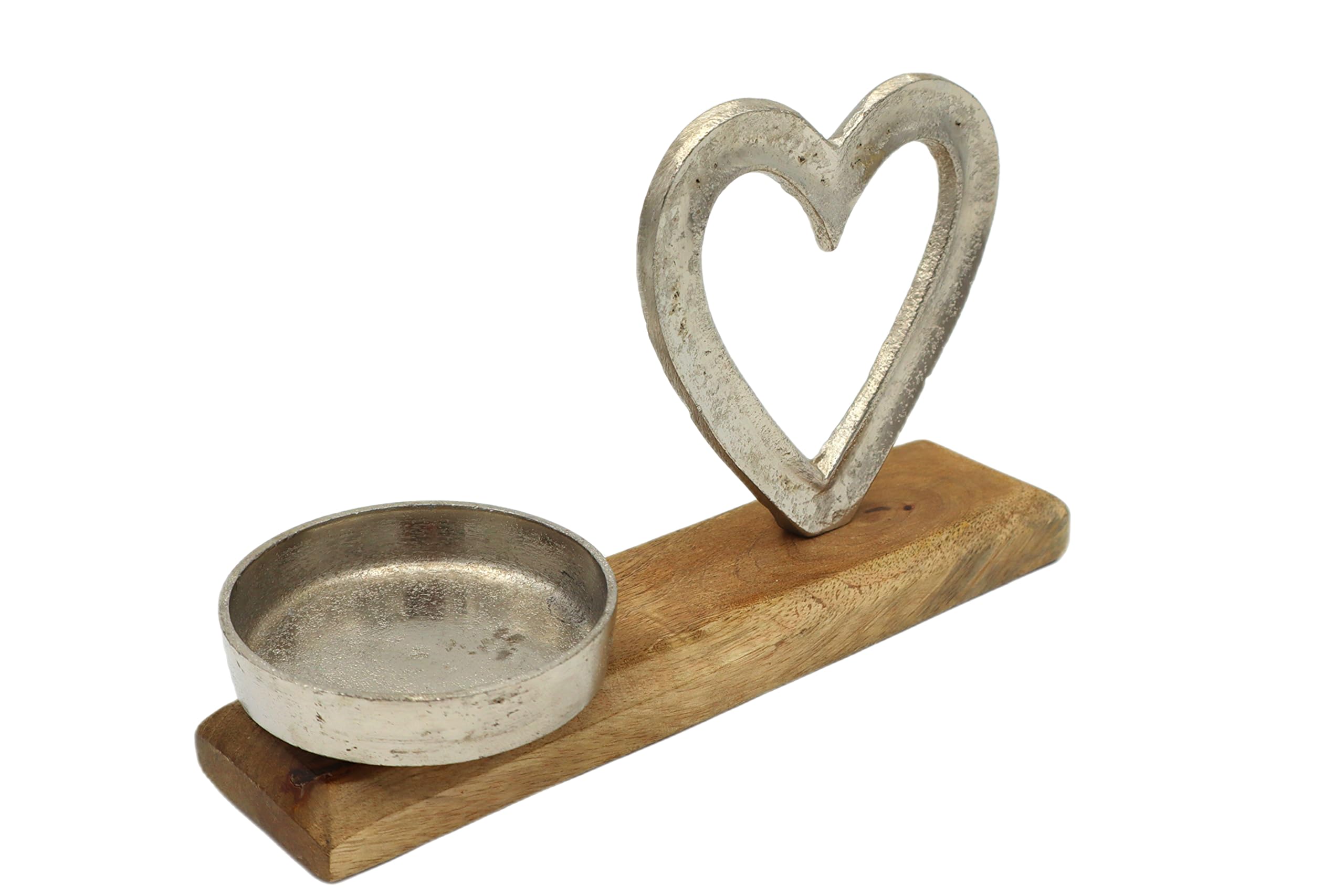 Bougeoir Décoratif Avec Figurine Sur Base En Bois De Manguier - Aluminium Nickelé, Thème Cœur - Pour Bougies Standards