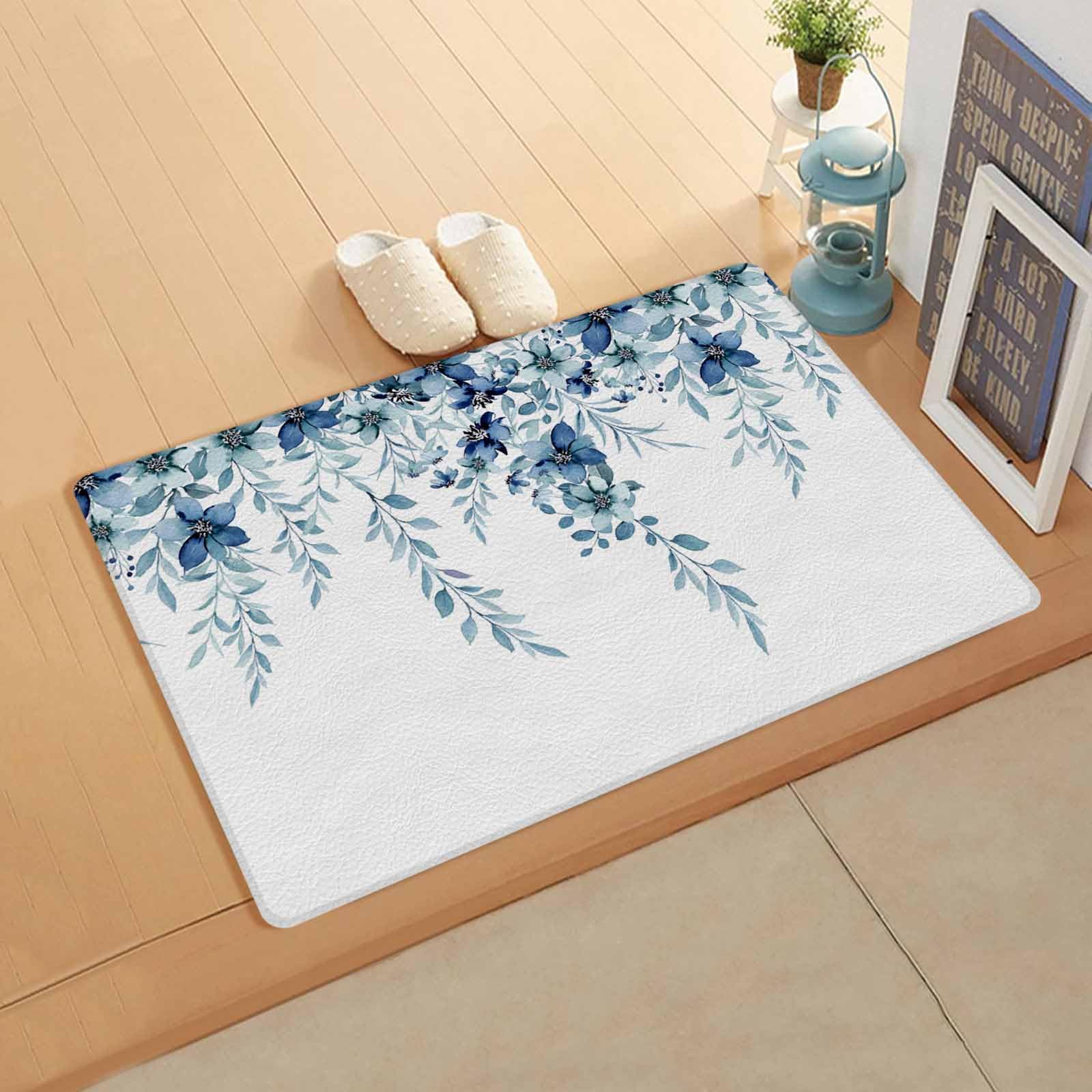 Blue Eucalyptus Leaves Kitchen Bath Door Mat Cushioned Runner Rug,Washable Welcome Floor Sink Antifatigue Mat,Waterproof & Non-Slip Comfort Standing Doormat,Weeping Blossom Vine Leaves 18