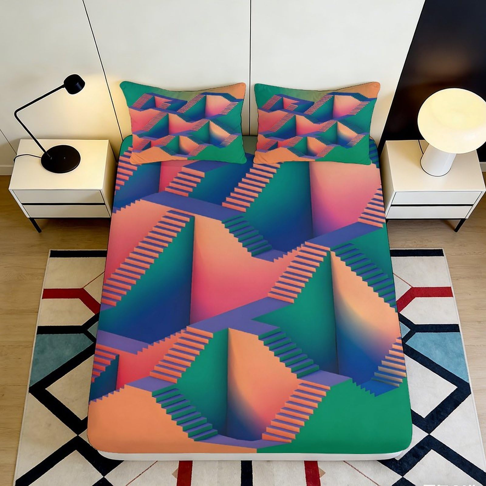 Jqzkxnhpbr Style-2 3D Printed Geometric Gradient Fitted Sheet Microfiber Soft Abstract Pattern Mattress Cover For Bedroom Dorm Decor 90X200x25cm