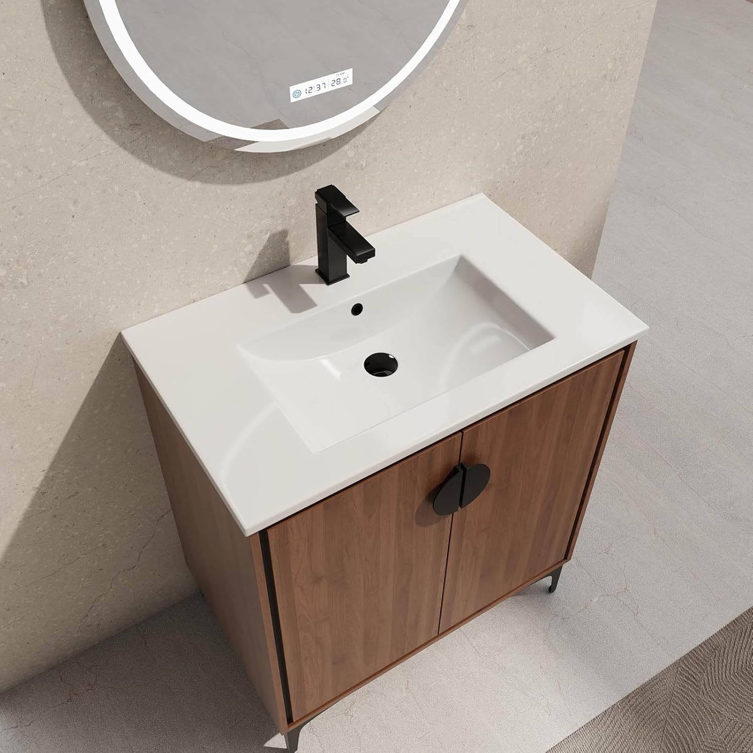 Modern 30" Bathroom Vanity with Sink, Freestanding Bathroom Cabinet with Undermount Ceramic Sink, Single Small Bathroom Vanities, Bathroom Storage Vanity Set w/ 2 Doors and Shelf, Soft-Close, Brown