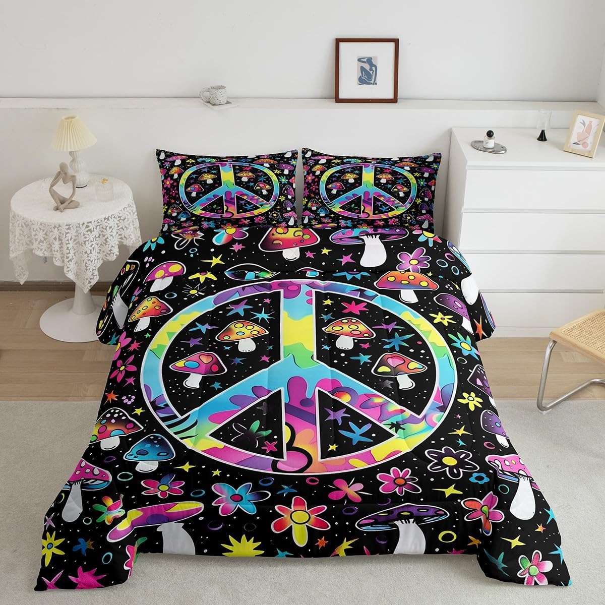 Erosebridal Hippie Peace Symbol Comforter Set Twin,Colorful Groovy Flowers Bedding Set,Bohemian Bedding Comforter Sets,Wild Botanical Floral Leaves Duvet Insert Bedroom Decor