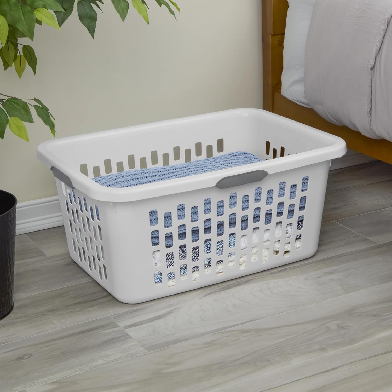 Large Plastic Laundry Basket with 4 Comfort Grip Handles, 2 Bushel Capacity, White