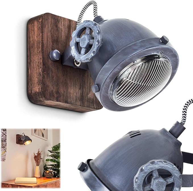 hofstein Wandlamp Herford, 1-lamps kamerlamp in metaal en hout in bruin en grijs met glazen kap, spot is draaibaar en kantelbaar, 1 x GU10, zonder gloeilampen