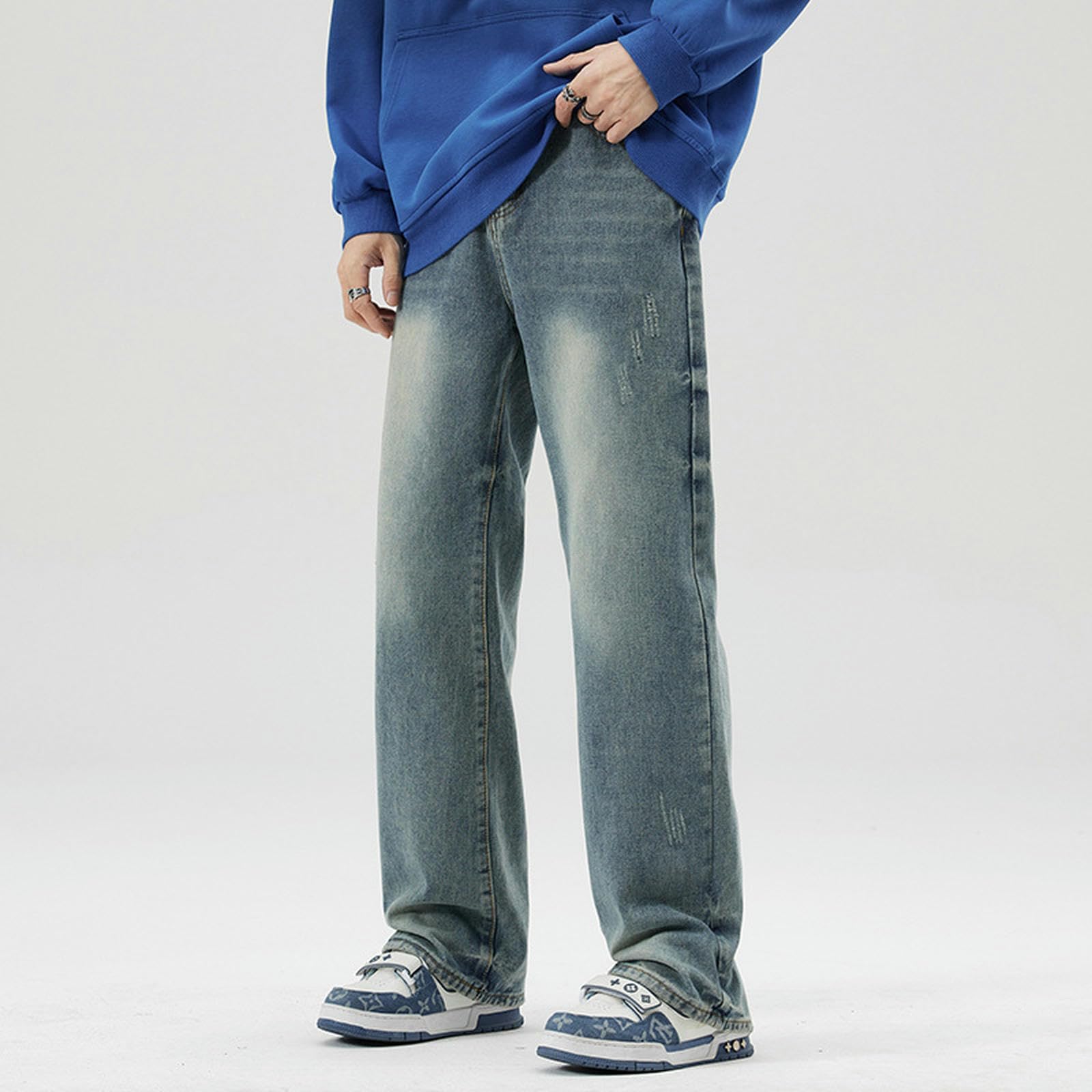 Jeans Blu Bianchi High Street Uomo Primavera Gamba Larga Pantaloni Dritti Larghi Casual Uomo-Bianco Blu-XL
