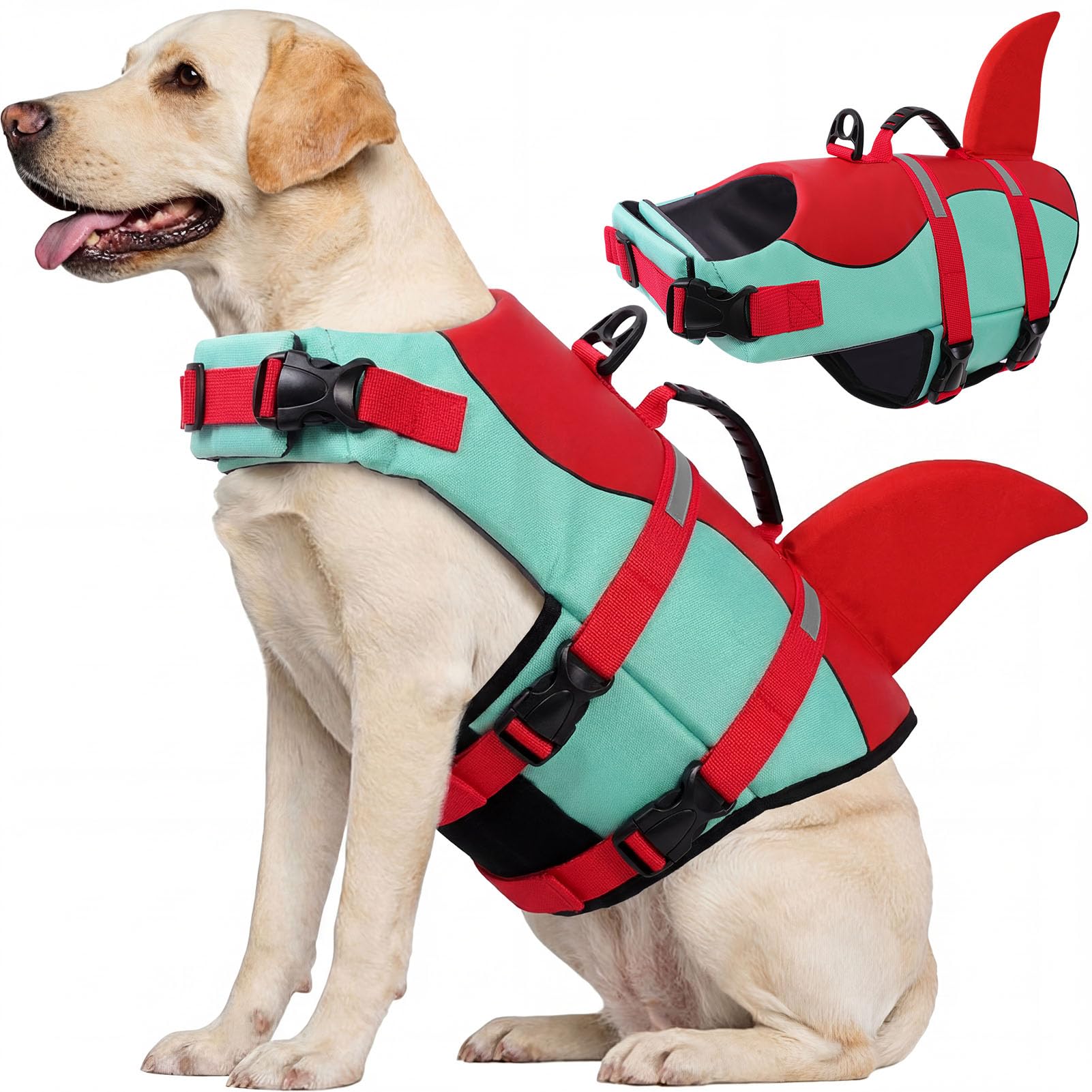CITÉTOILE Salvagente per Cane, Giubbotto Salvagente per Cani, Ripstop Regolabile Squalo Giubbotto di salvataggio, Leggero e Sicuro per Gli Sport Acquatici, Rosso Verde, XL