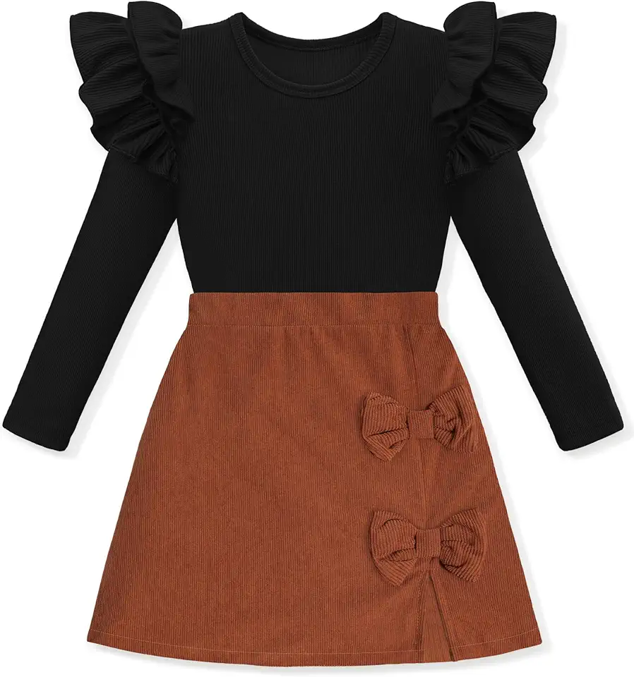 KISSB Girls Clothes Long Sleeve Ruffle Sleeve Top and Plaid Skirt Set Fall Winter Girls Outfits 5-12Y