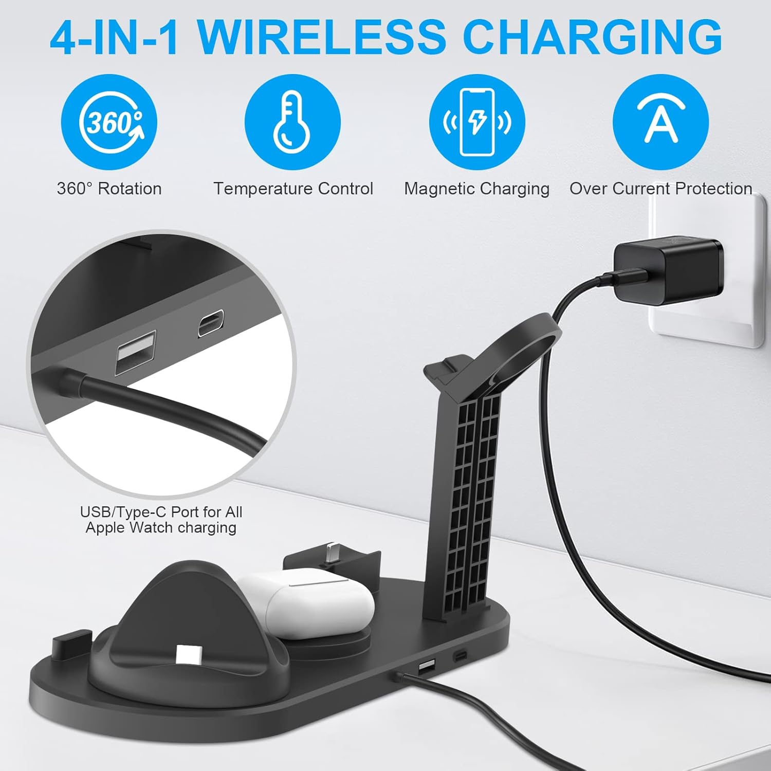 Wireless Charger Station,4 in 1 Magnetic Charging Stand Compatible with iPhone15/14/13/12/Pro Max/Plus, AirPods, Apple Watch 8/7/SE/6/5/4 (Black)