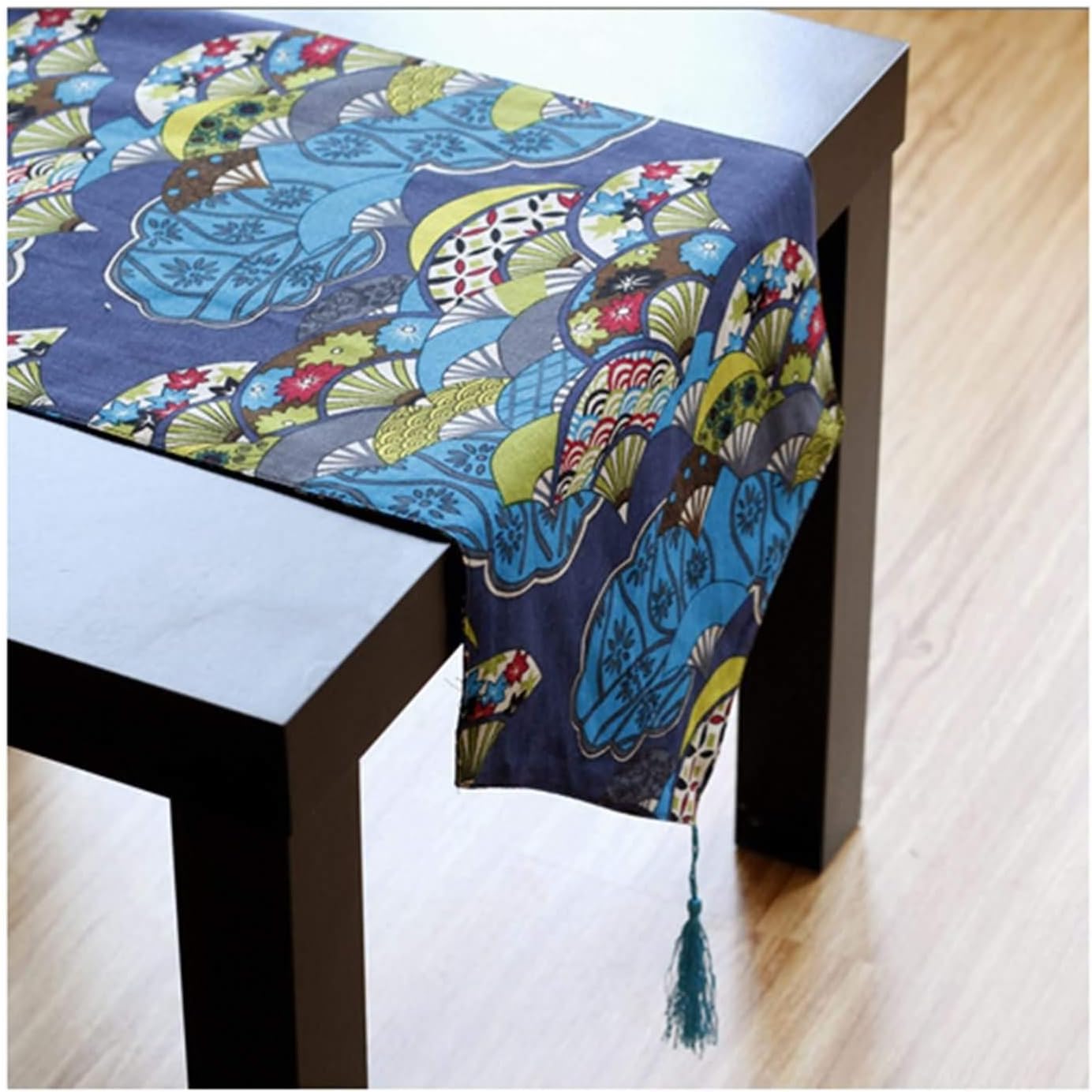 Table Runner Holiday,30x220CM,Vintage Fan and Flowers Pattern Table Runners Modern Linen Cotton,Autumn Table Runner Blue