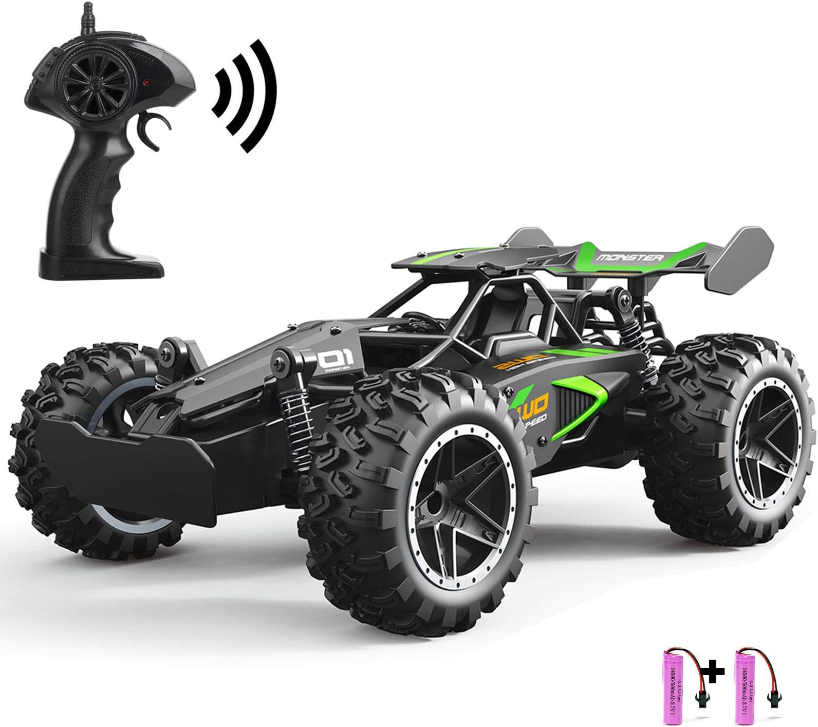 Remote Control Cars – 2.4GHz High-Speed RC Car for Kids, 15KM/H+ 2WD Off-Road Car with 2 Rechargeable Batteries, Electric Remote Control Truck Toy for Boys & Girls Gifts (Green)