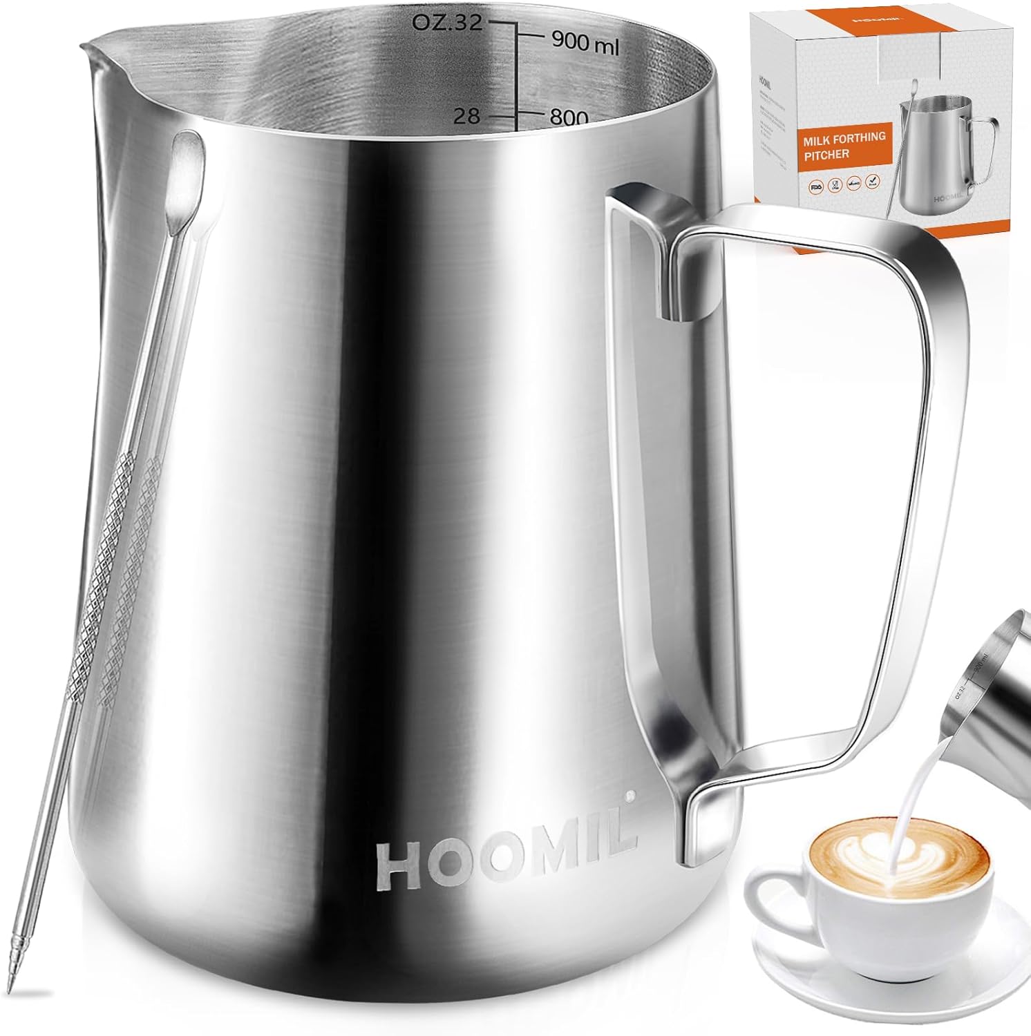 HOOMIL Milk Frothing Pitcher, 32oz/900ml Stainless Steel Steaming Pitcher Barista Milk Frother Cup Jug for Espresso Machine Coffee Cappuccino Latte Art – Silver