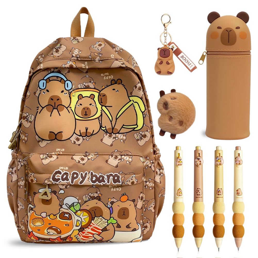 Capybara Backpack Kids, Mochila Capybara Escolar Schoolbag Gran Capacidad Capibara Boligrafos Borrable de Animales,Capibara Estuche De Silicona Suave & Llaveros Portalápices Regalo para Niños