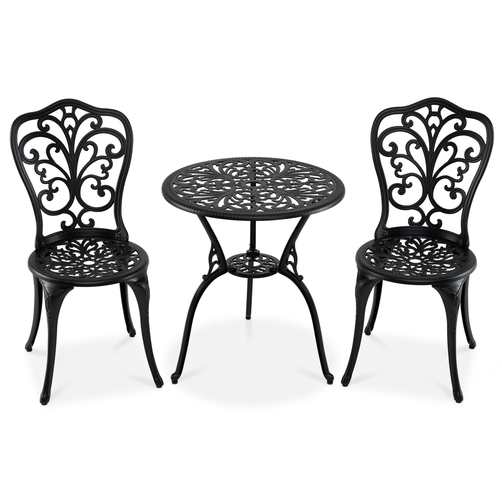 GOPLUS Conjunto de Bistró para Exteriores de 3 Piezas, Juego de Mesa y 2 Sillas de Aluminio Fundido para Todo Tipo de Clima con Agujero para Sombrilla, Juego de Muebles para Jardín (Mariposa)