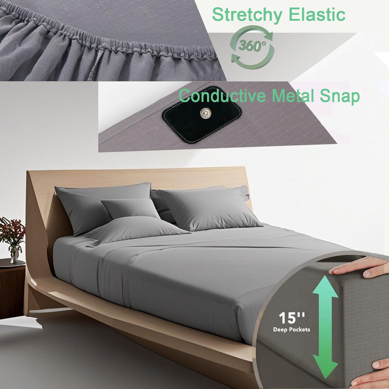 Grounding Sheets King Size, 10% Pure Silver Fiber + 90% Organic Cotton, Grounded Sheet Earth Connected Bedding Fitted Earth Sheets with Grounding Cord