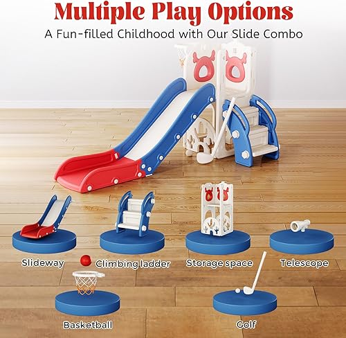 Miniatura 8 de Tobogán para niños pequeños, 7 en 1, juego mejorado con juego de golf para niños, aro de baloncesto y espacio de almacenamiento para niños pequeños