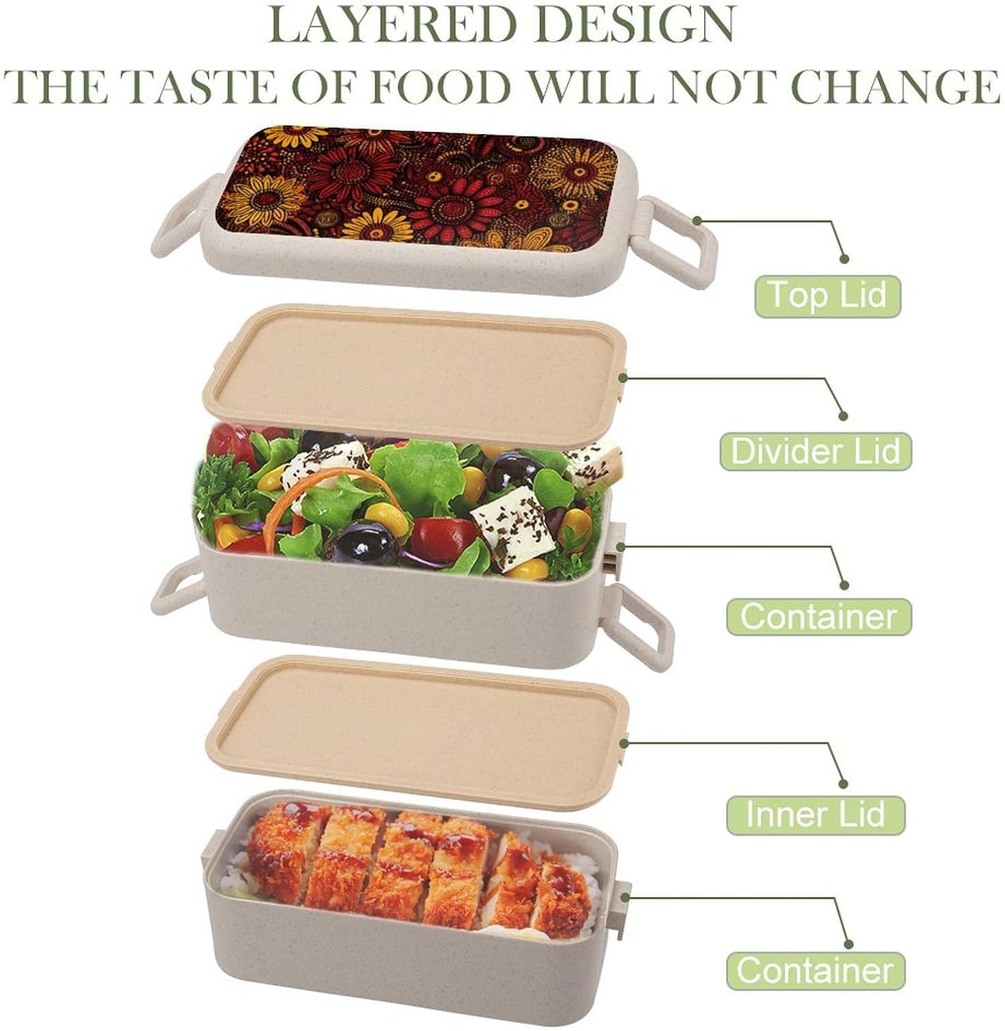 Lunch Box Bento Premium Some Colorful Flowers Printed Bento Box Bento with Spoon And Fork with Compartment Containers Suitable for Men And Women, style