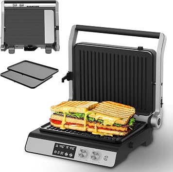 Panini Press,4 Slices Contact Grill with Removable Non-Stick Coated Grill and Flat Plates,Panini Makers with Temperature Control and Timer,Open 180 Degrees,Grill and Griddle Half black with digital