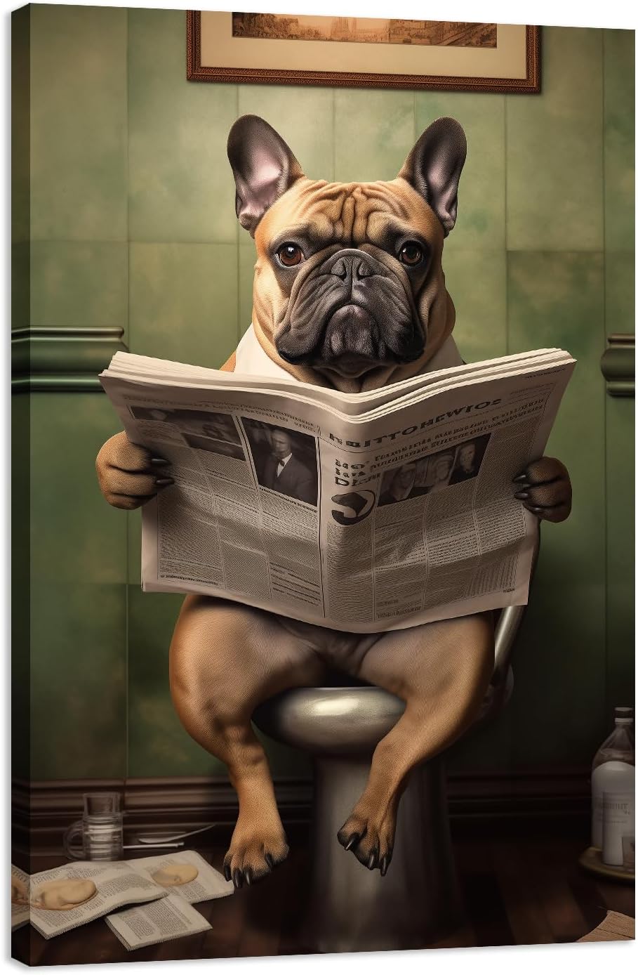 Funny Bulldog Bathroom Canvas Wall Art, Dog on Toilet Reading Newspapers Picture Print Rustic Farmhouse French Bulldog Bathroom Painting Poster for Washroom Restroom Decor(Artwork-02, 16"x24")