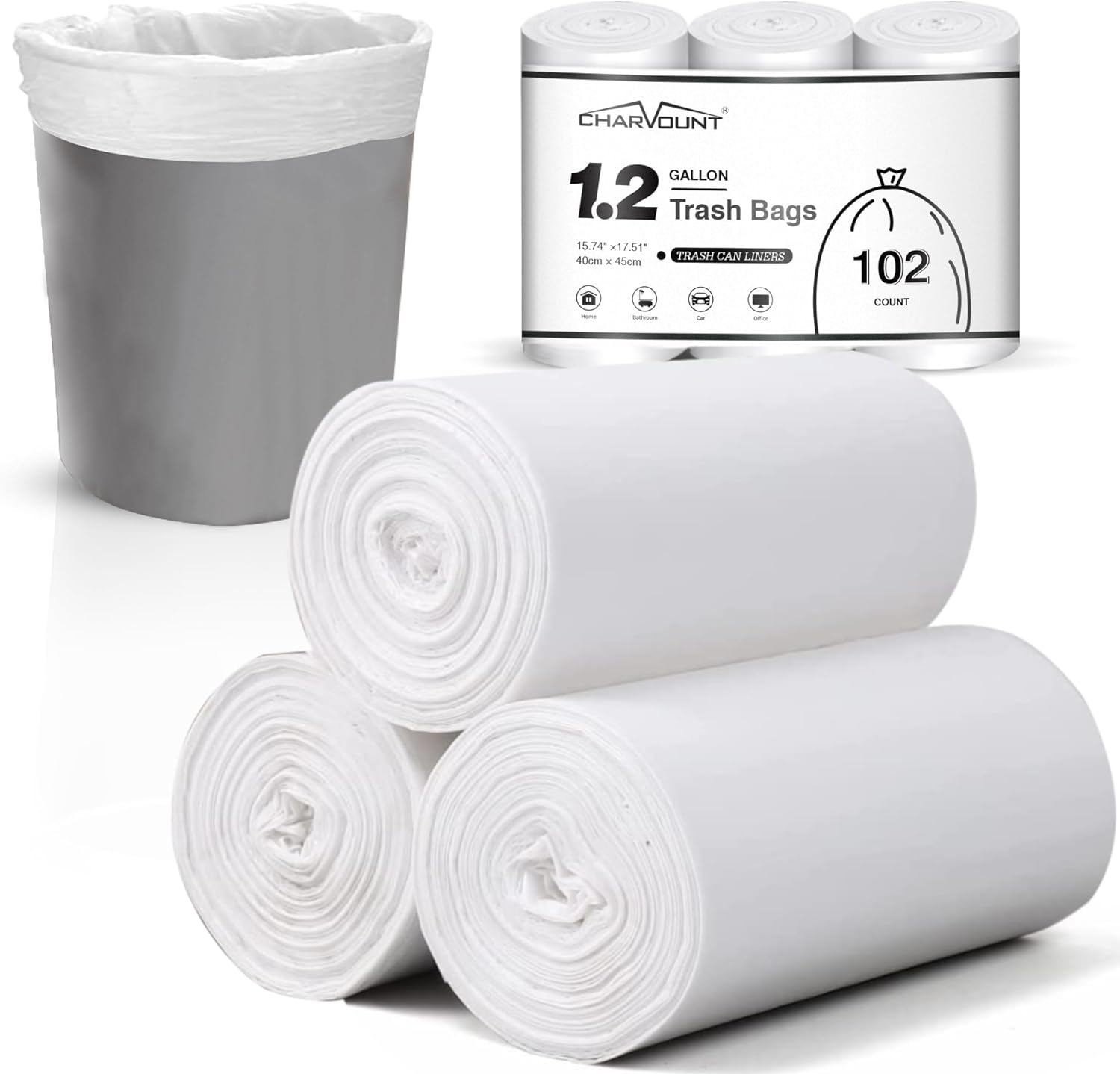 Charmount Small Trash Bags 1.2 Gallon, 102 Count Garbage Bags Bathroom Trash Can Liners,fit 4.5-5 Liter Clear