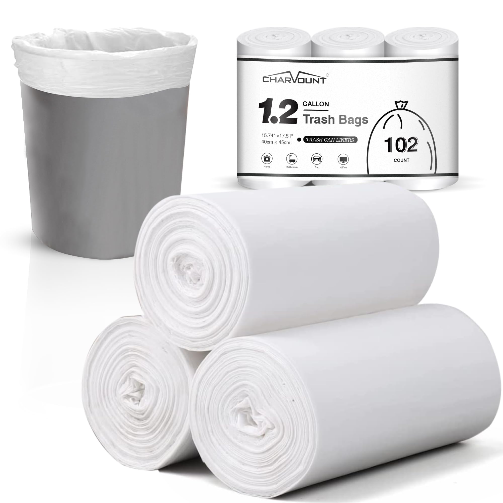Charmount Small Trash Bags 1.2 Gallon, 102 Count Garbage Bags Bathroom Trash Can Liners,fit 4.5-5 Liter Clear
