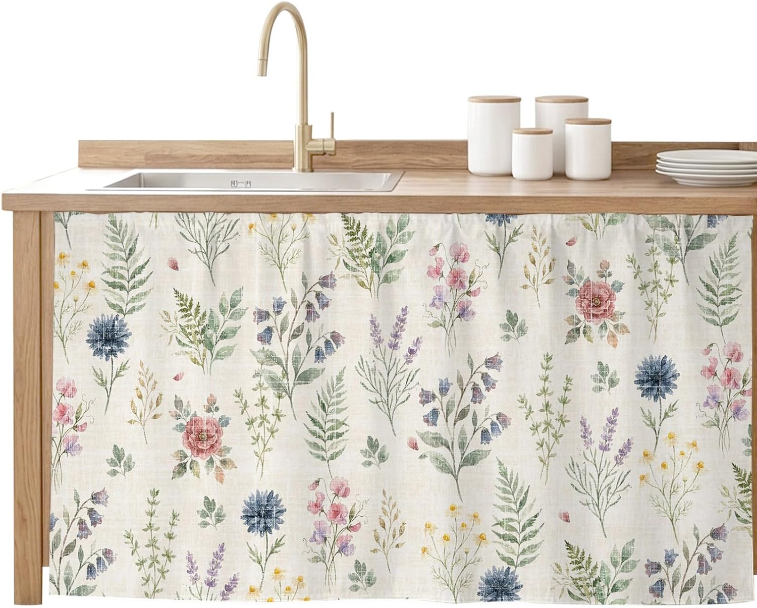Cabinet Curtains for Shelves, Beige Wildflowers Under Sink Cabinet Curtain Skirt for Extra Long Kitchen Counters, Open Storage Spaces, Farmhouse Summer Botanical Decorative Dishwasher Curtain 32x55 in