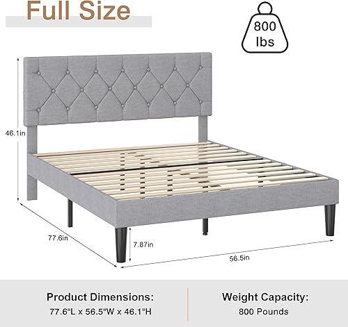 Miniatura 10 de VECELO Base de cama matrimonial con cabecero, base de cama tapizada con soporte de listones de madera, diseño copetudo, no necesita somier, color