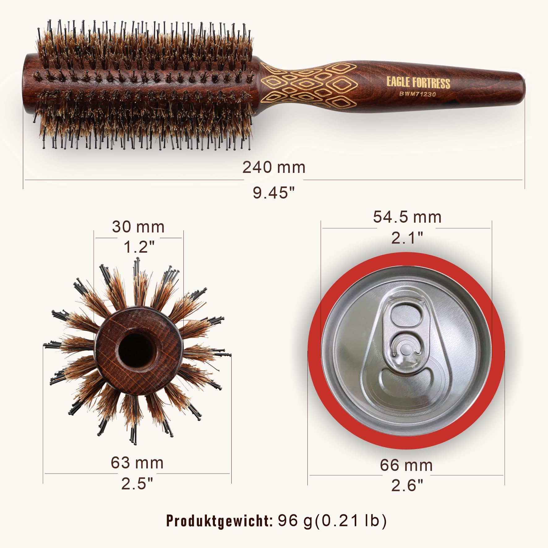 EAGLE FORTRESS Spazzola rotonda per asciugacapelli con setole di cinghiale e setole in nylon, spazzola per capelli, per volume, lisciare, arricciare e lucidare, manico in legno, per uomo e donna