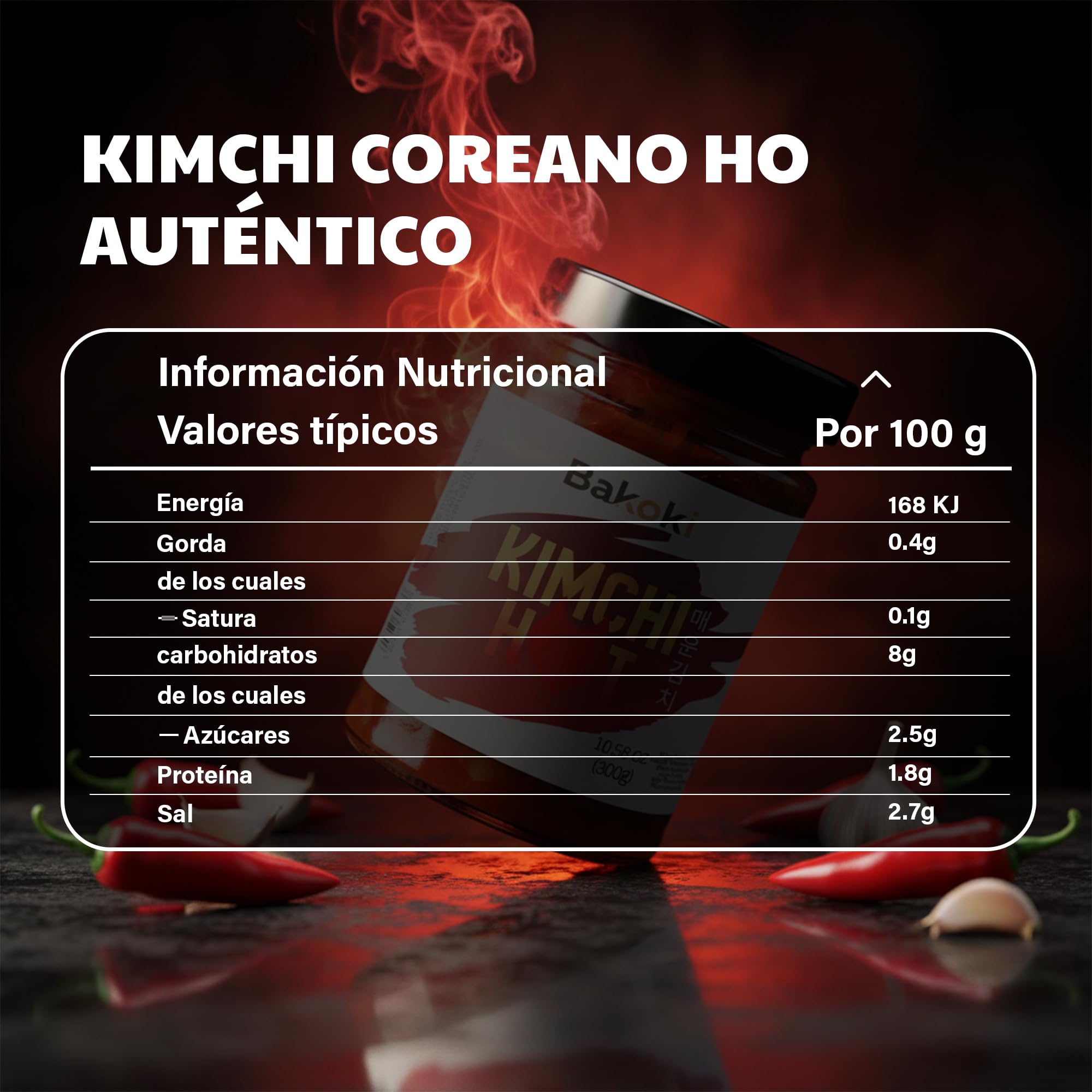 Bakoki Premium 매운 김치 Hot‑Kimchi (Gochugaru) – kimchi coreano picante de repollo napa fermentado probiótico umami 2 × 300 g