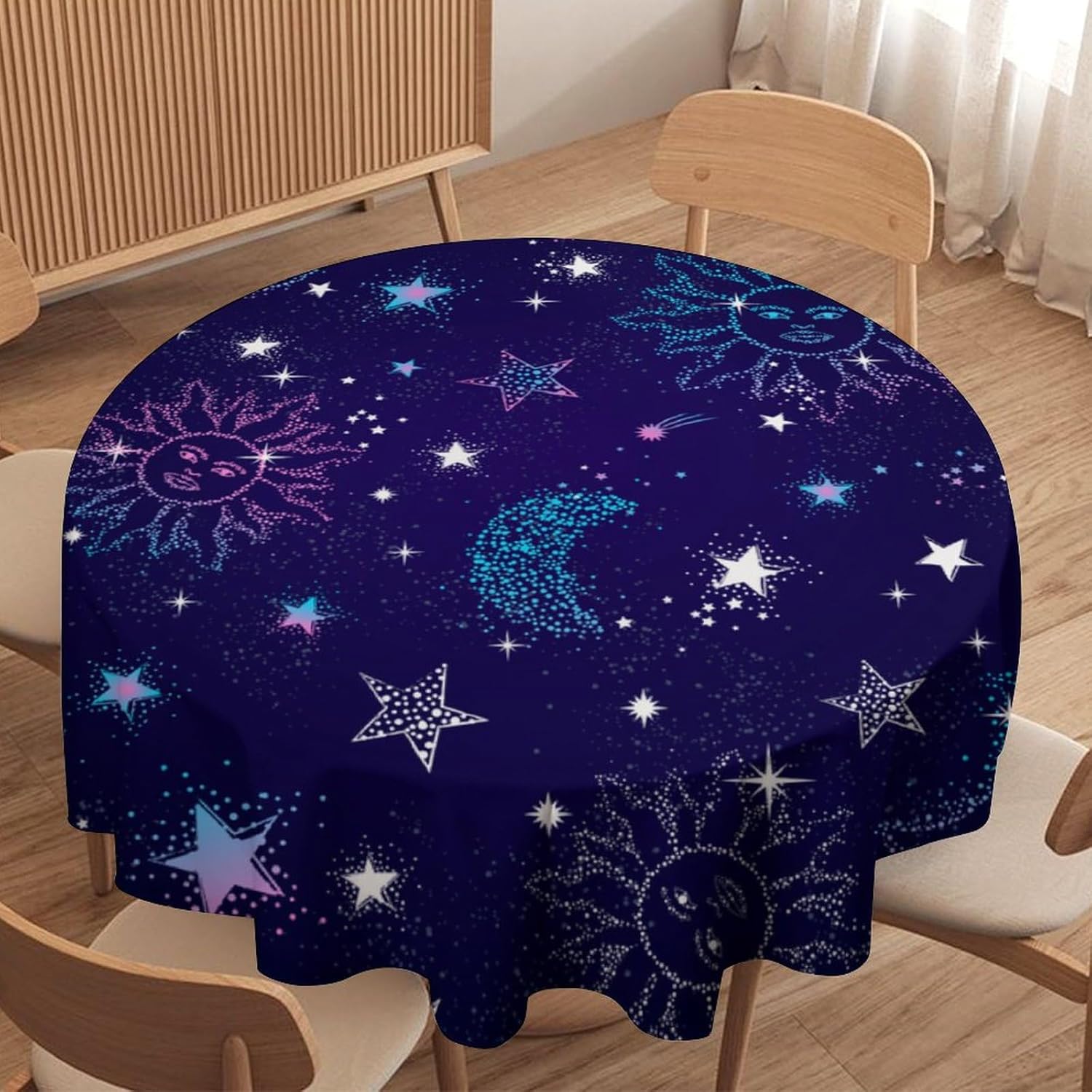 Sun Moon Colorful Tablecloth, Constellation Galaxy Space Table Cover for Dining Room Kitchen Holiday Home Picnic Party Wedding Decoration Camping, 70x70 Inch Round