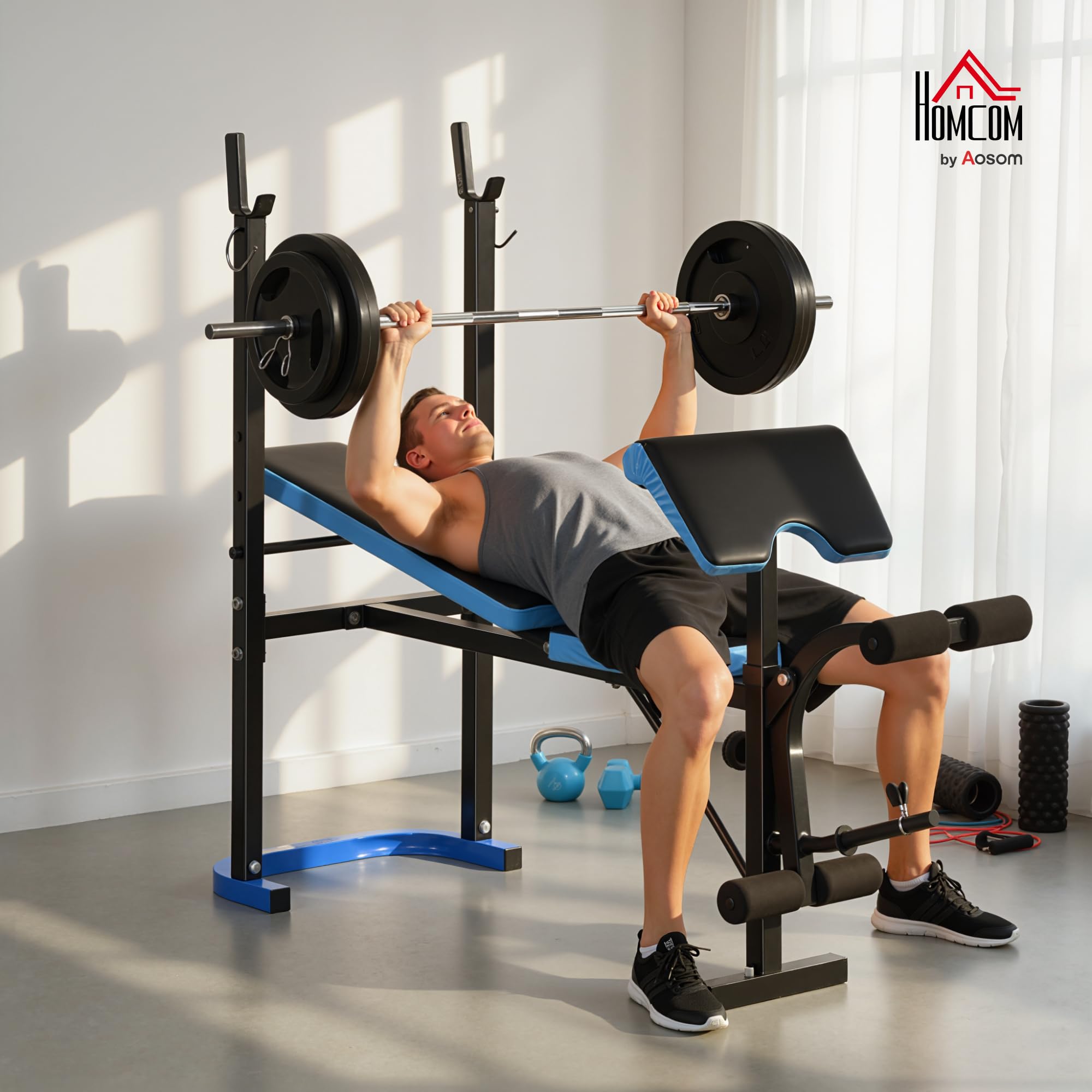 HOMCOM Banco de Musculación Multifuncional Banco de Pesas Negro y Azul | Soporte para Barra, Respaldo Ajustable, Entrenamiento Completos de Cuerpo, Casa Gimnasio