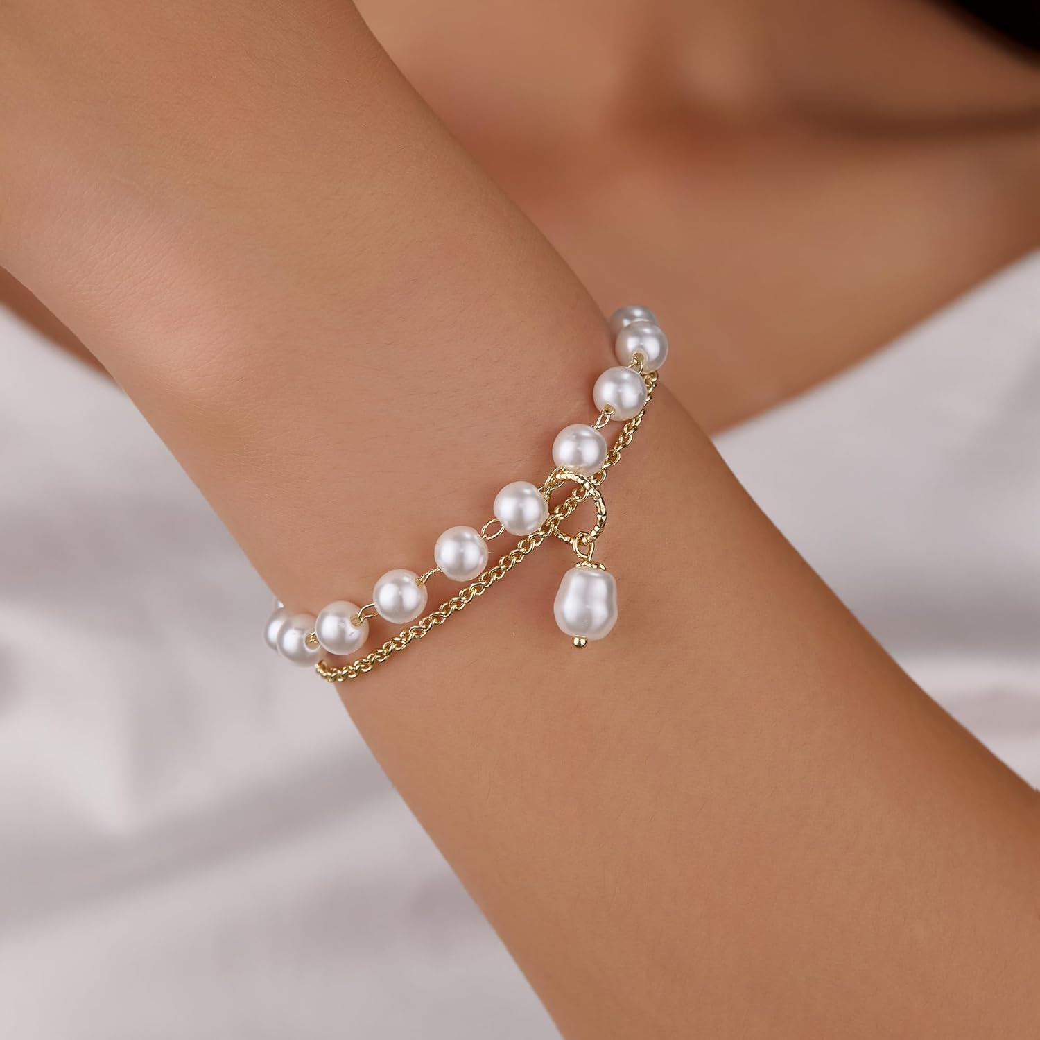 Valentine's Day Gifts 14K Gold Plated Bracelet for Women,Pearl Bead Chain Single&Double Layer,Adjustable Sliding Knot Dainty Minimalist Tennis Bracelet - Image 2