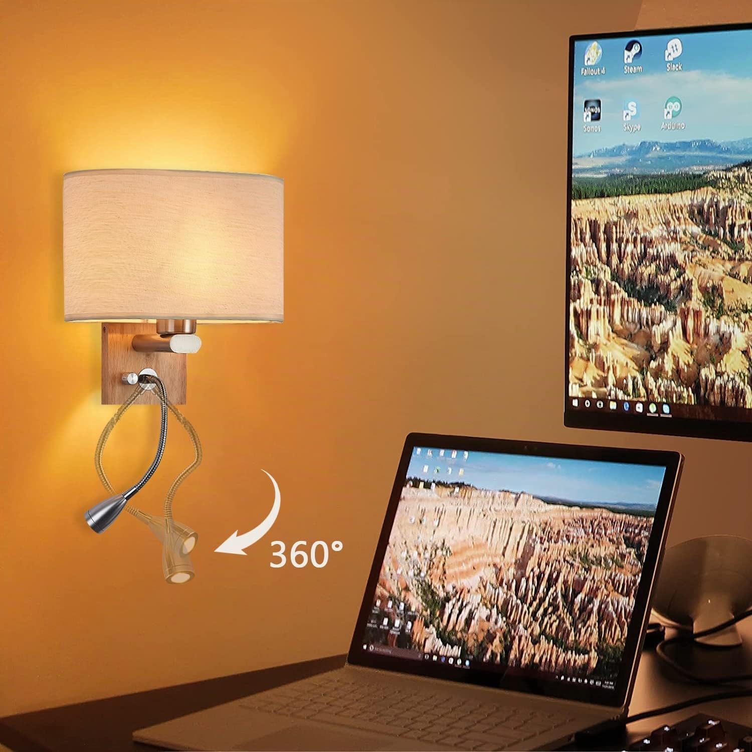 KZT Moderne LED Nachttisch Wandlampe mit Schalter 3 Farben Einstellbar Holz Wandleuchte Innen mit Leselampe E27 Stoffschirm Innenbeleuchtung für Schlafzimmer Wohnzimmer Kinder Hotel Büro Flurlampe