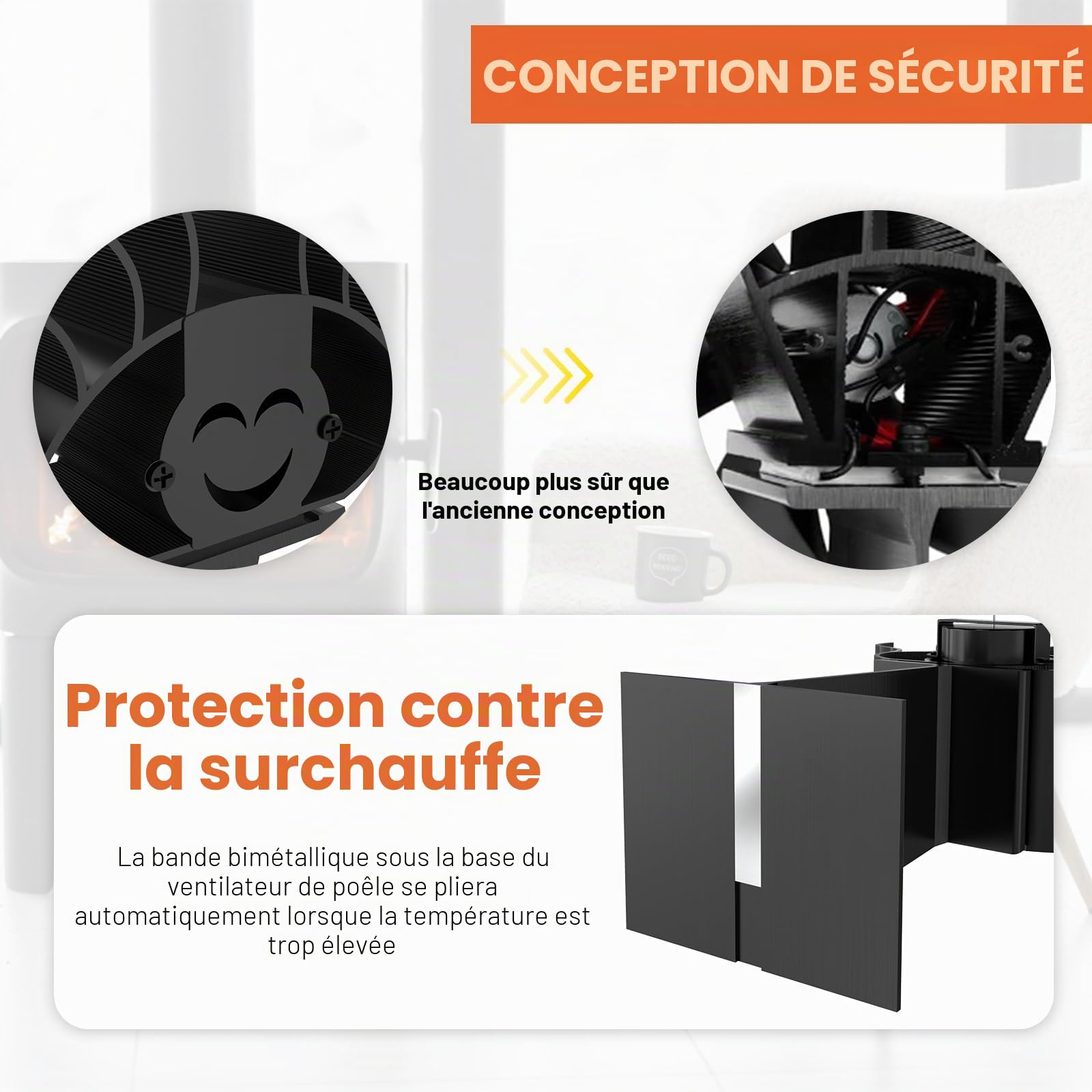 Ventilateur Poele à Bois 7 Pales, Cheminée Avec Thermomètre, Écologique, Répartition Efficace de La Chaleur Pour Brûleurs à Bois et Cheminées