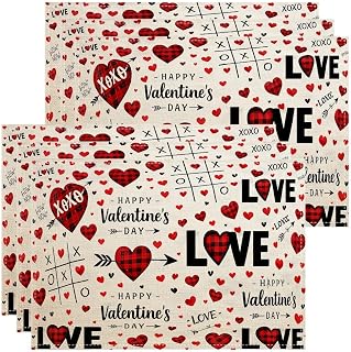 Valentine's Day Hearts Placemats, Red Love Pattern Place Mats for Dining Table, Seasonal Non-Slip Washable Indoor Outdoor Kitchen Party Decorative Placemat Set of 6