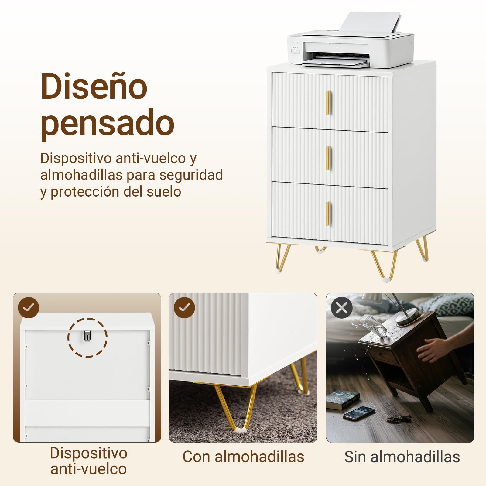SoBuy Juego de 2 Mesita de Noche con 3 cajones, 63 cm Altura ergonómica & 33 kg Carga, Mesa de Noche para Dormitorio y salón, Ideal para Espacios pequeños, Blanco, 40 x 40 x 63 cm, FBT115-L-Wx2