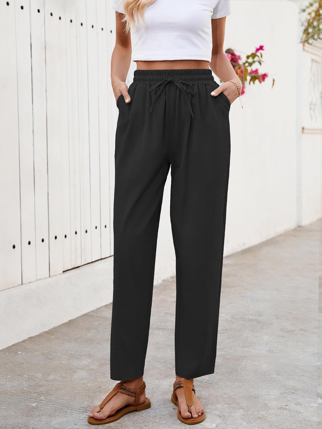 Puimentiua Women Linen Pants Lightweight Pants with Lace Side Summer Casual Beach Drawstring Elastic Waist Trousers - Image 2