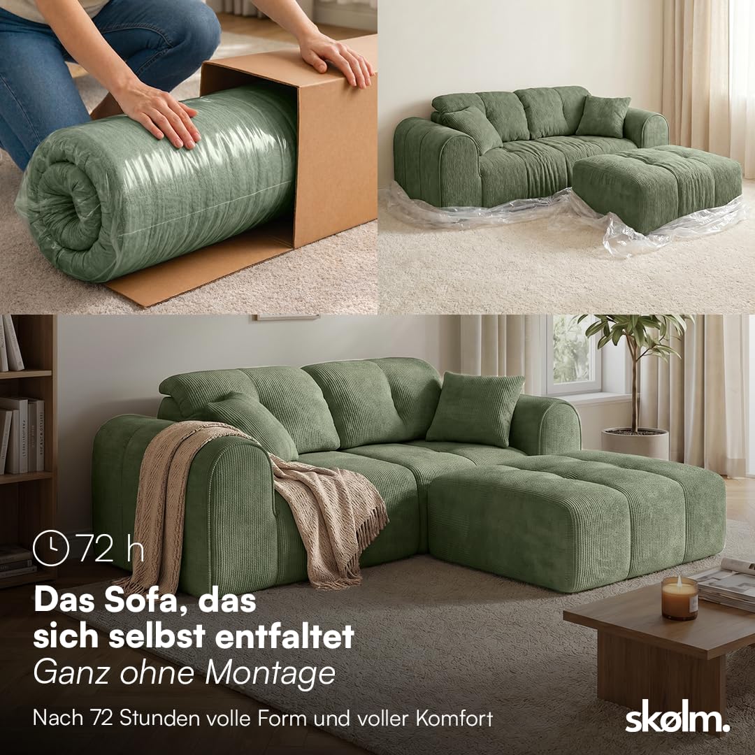 skølm Vanaheim Sofa 2-Sitzer mit Hocker, Cloud Couch, Dunkelgrün, 2 Kissen