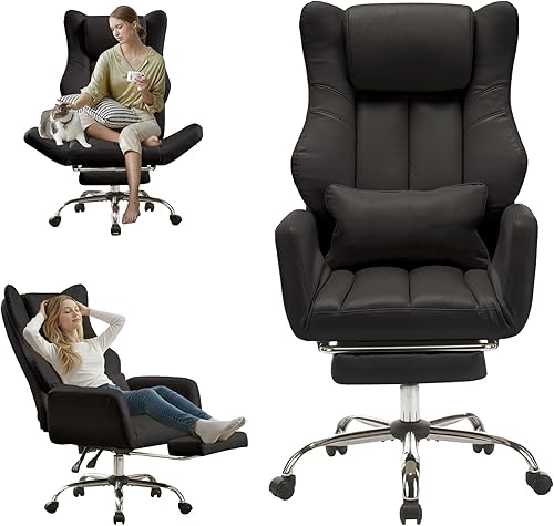 Silla de oficina ergonómica con patas cruzadas con reposapiés, silla ejecutiva de cuero grande y alta con reposabrazos reversible, almohada lumbar y