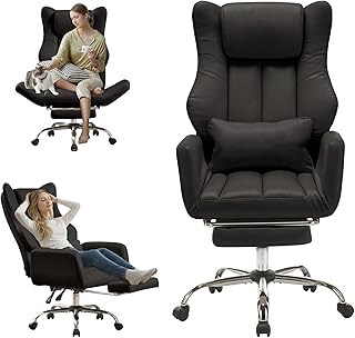 Ergonomic Cross Legged Office Chair with Footrest,Big and Tall Leather Executive Chair with Reversible Armrest,Lumbar Pillow and Wheels,135° Reclining Computer Wide Desk Chair for Home,Office (Black)