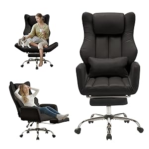Ergonomic Cross Legged Office Chair with Footrest Big and Tall Leather Executive Chair with Reversible Armrest Lumbar Pillow