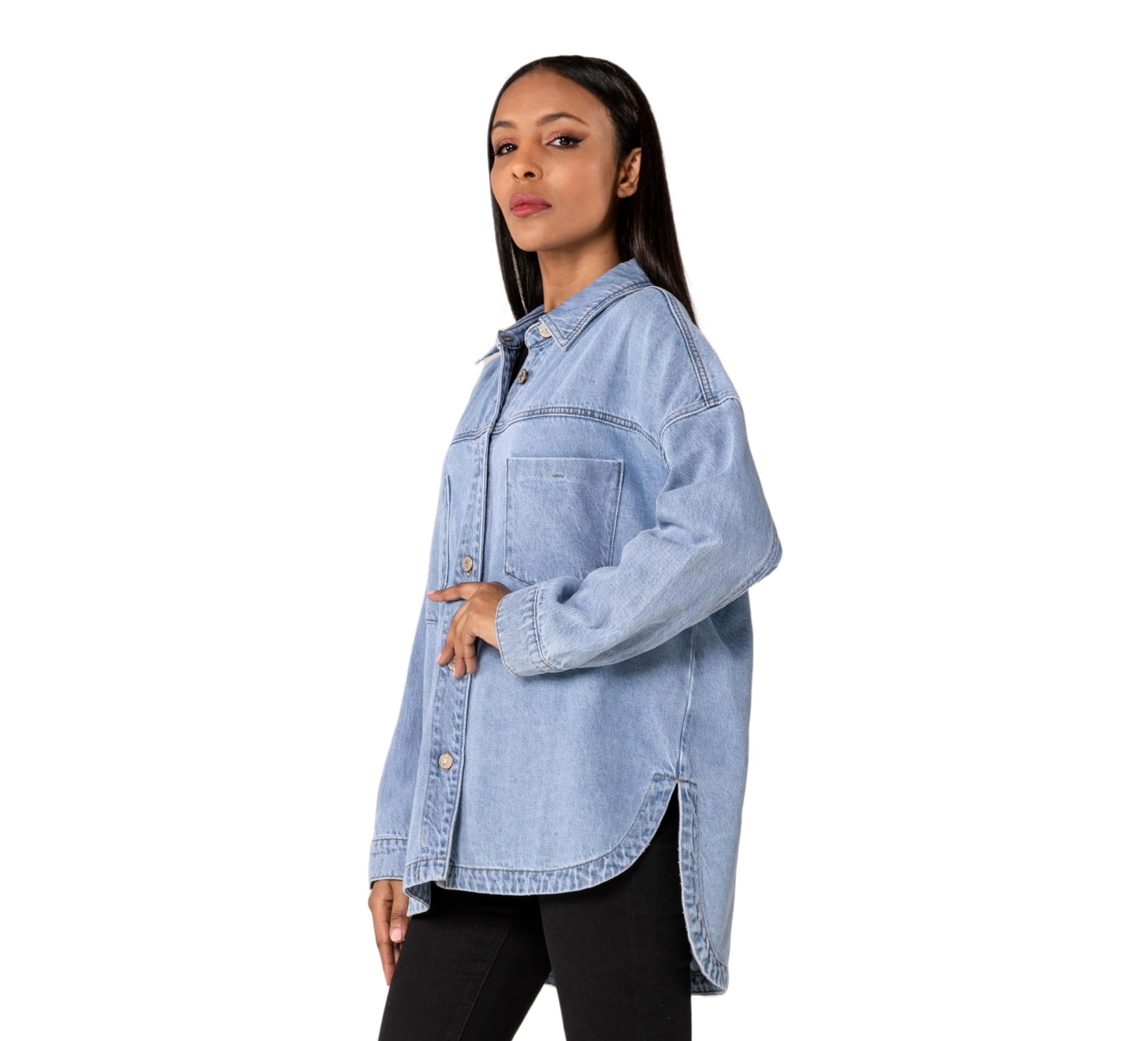 Nina Carter S539 Camisa vaquera de gran tamaño para mujer, chaqueta vaquera ligera, chaqueta de entretiempo, chaqueta de camisa con efecto de lavado, aspecto desgastado, informal