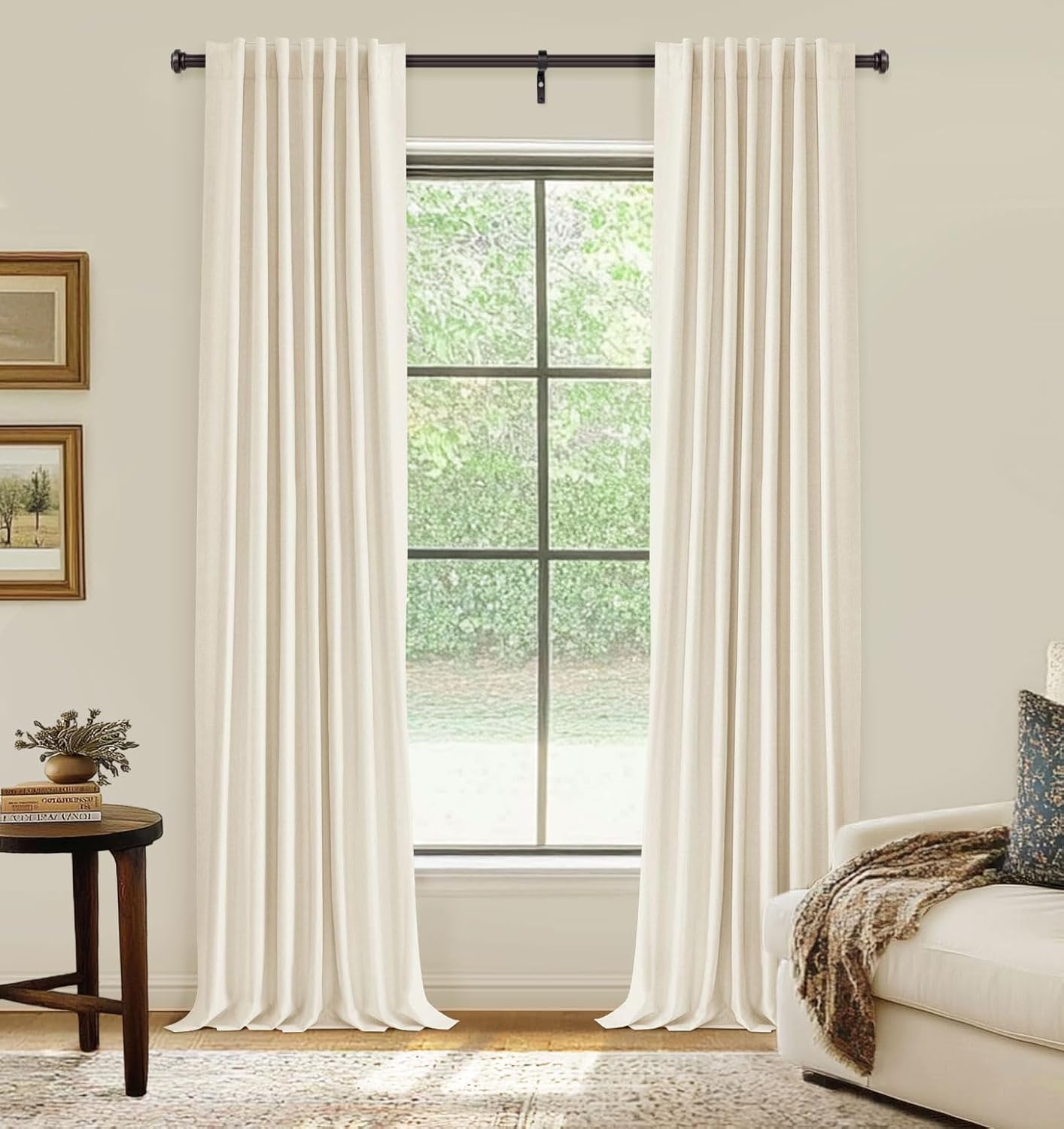 INOVADAY 100% Blackout Curtains for Bedroom, Thermal Black Out Curtains 84 Inch Long, Back Tab/Rod Pocket Linen Blackout Drapes, Room Darkening Drapes for Living Room, 52''W x 84''L, Cream