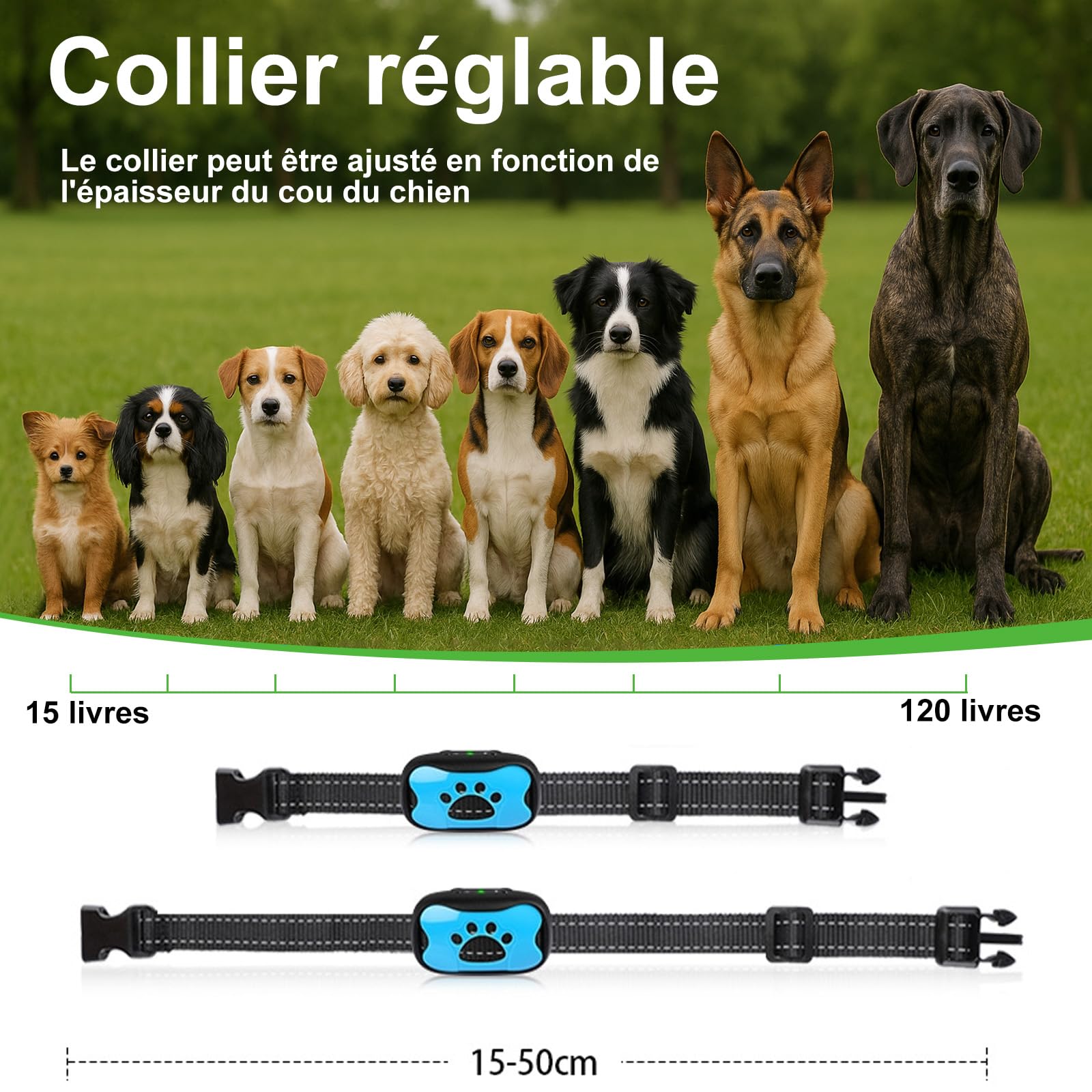 Puppy Safe Collier Anti-Aboiement pour Chien – sans Douleur ni Choc Électrique, 7 Niveaux Sensibilité, Vibration + Son, Taille Réglable,Rechargeable (Blue)