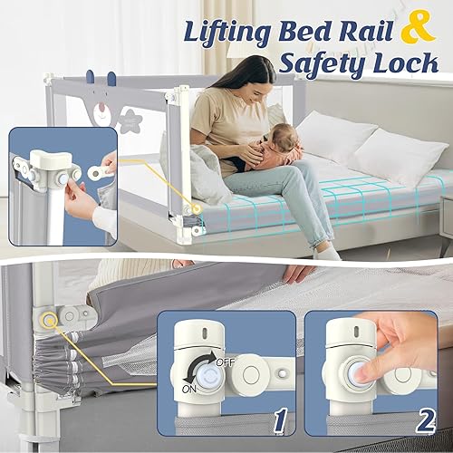 Miniatura 6 de Barandilla de cama de 3 piezas para niños pequeños con barra de cabecero, protector de riel ajustable para cama de bebé (78.7 x 78.7 x 59 pulgadas,
