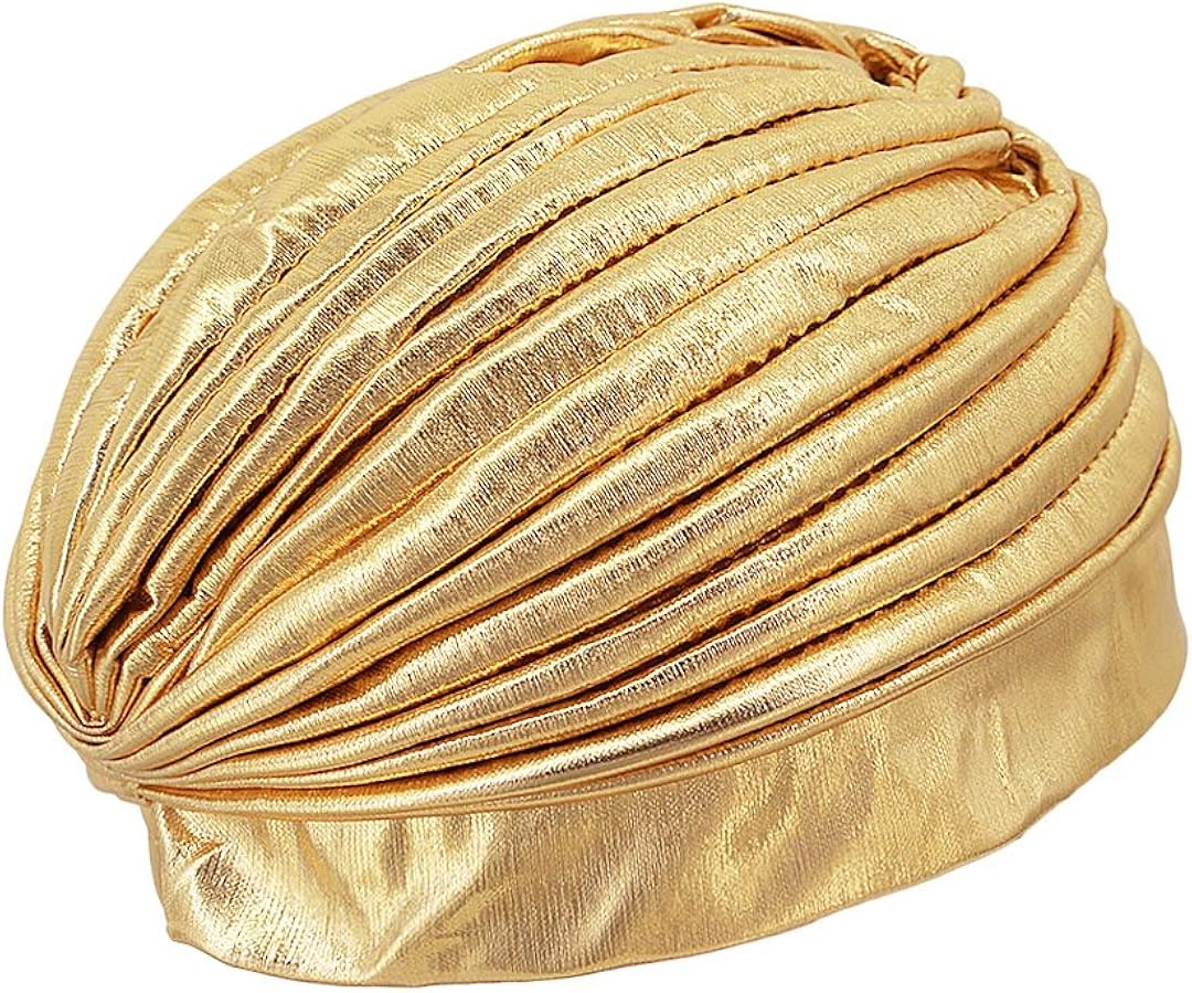 Surkat Unisex Metallic Arab India Pleated Turban Headwrap Swami Hat Costume Hat Chemo Cap(Gold) : Clothing, Shoes & Jewelry