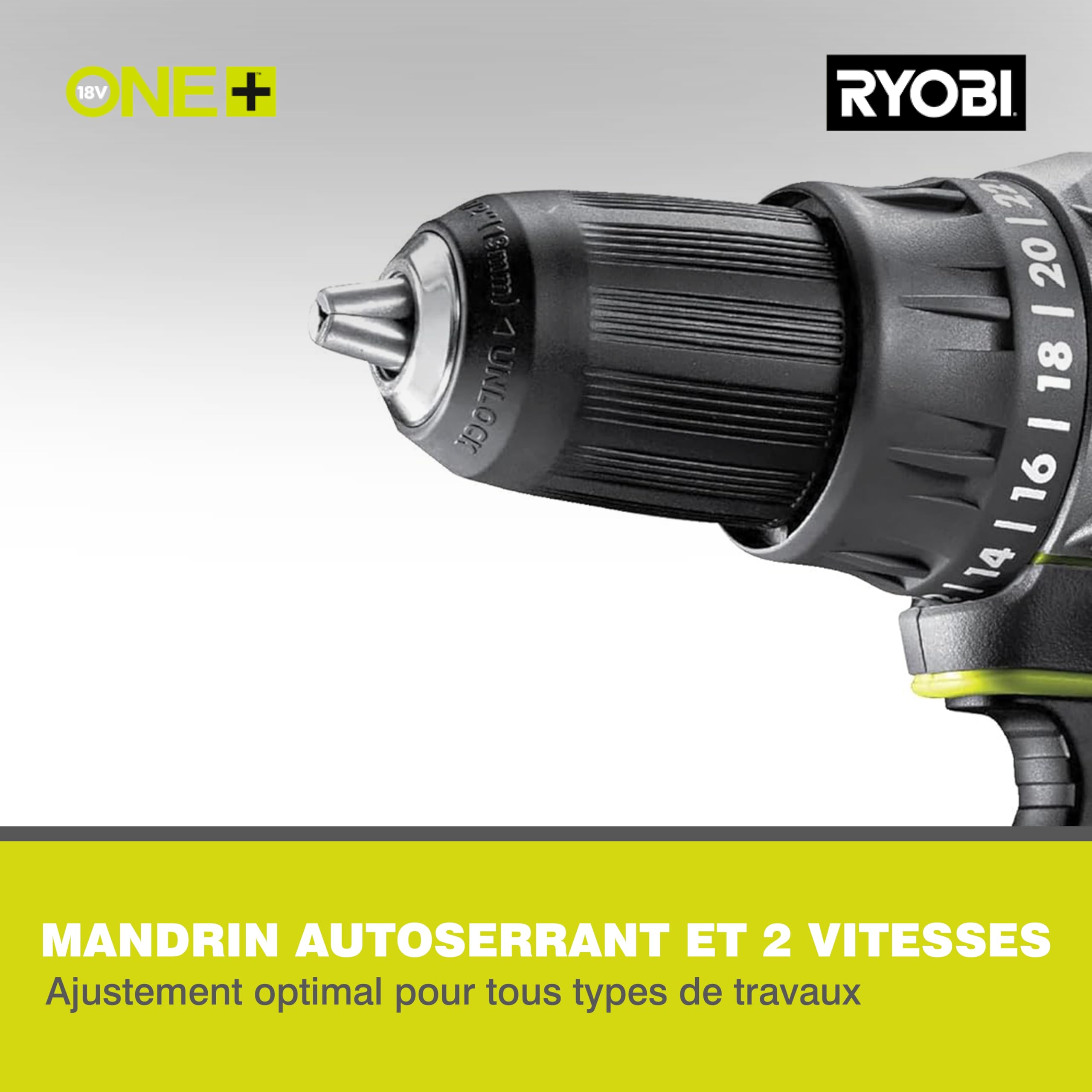 RYOBI - Perceuse Visseuse Sans Fil 18V ONE+ R18DD3-0 – Mandrin 13mm, 2 Vitesses, 24 Positions de Couple, Compacte – Batterie Non Incluse