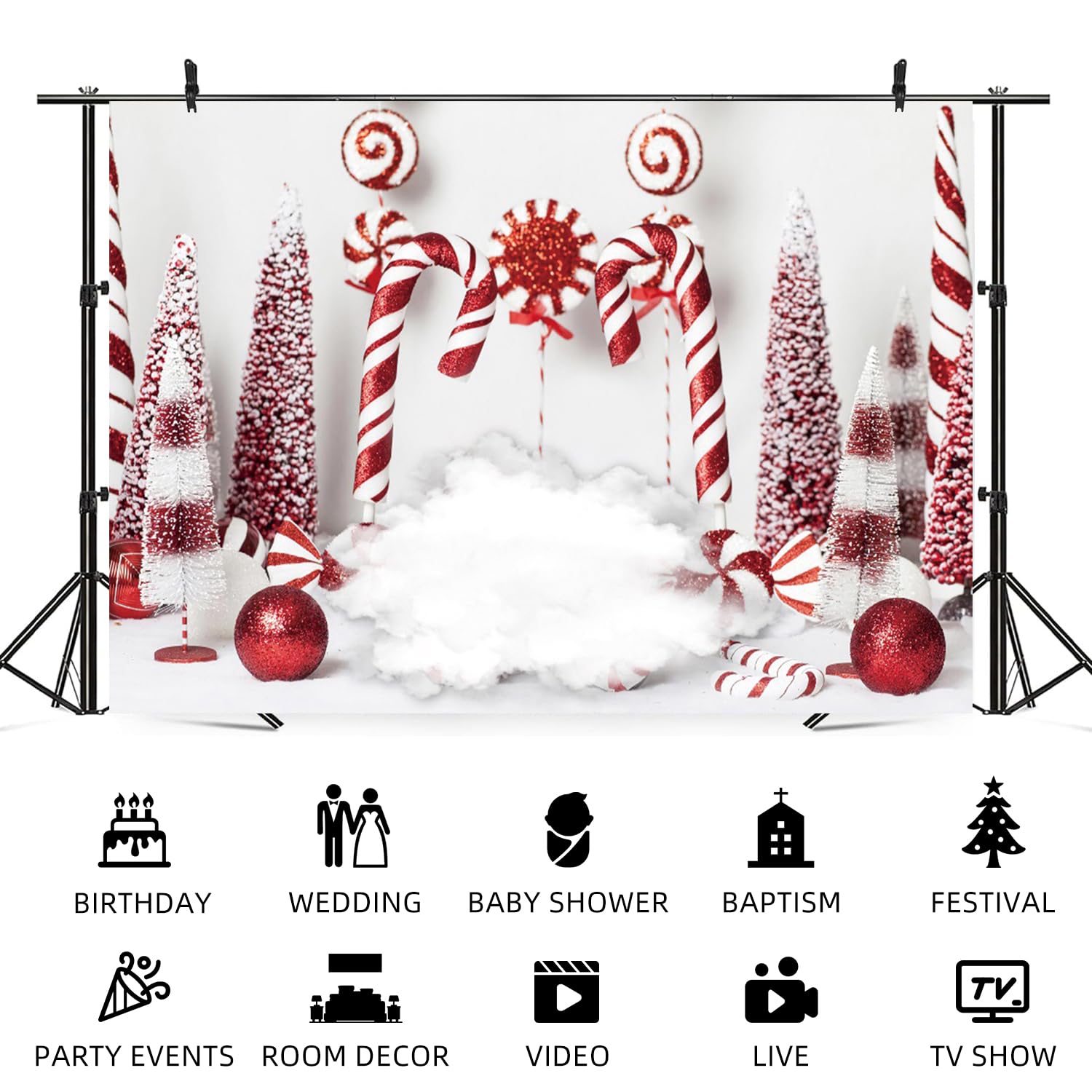 3,7 x 2,4 m sfondo natalizio rosso bianco bastoncini di zucchero sfondo fotografia palle di Natale albero di pino nuvola inverno felice anno nuovo festa banner decorazioni bambini compleanno