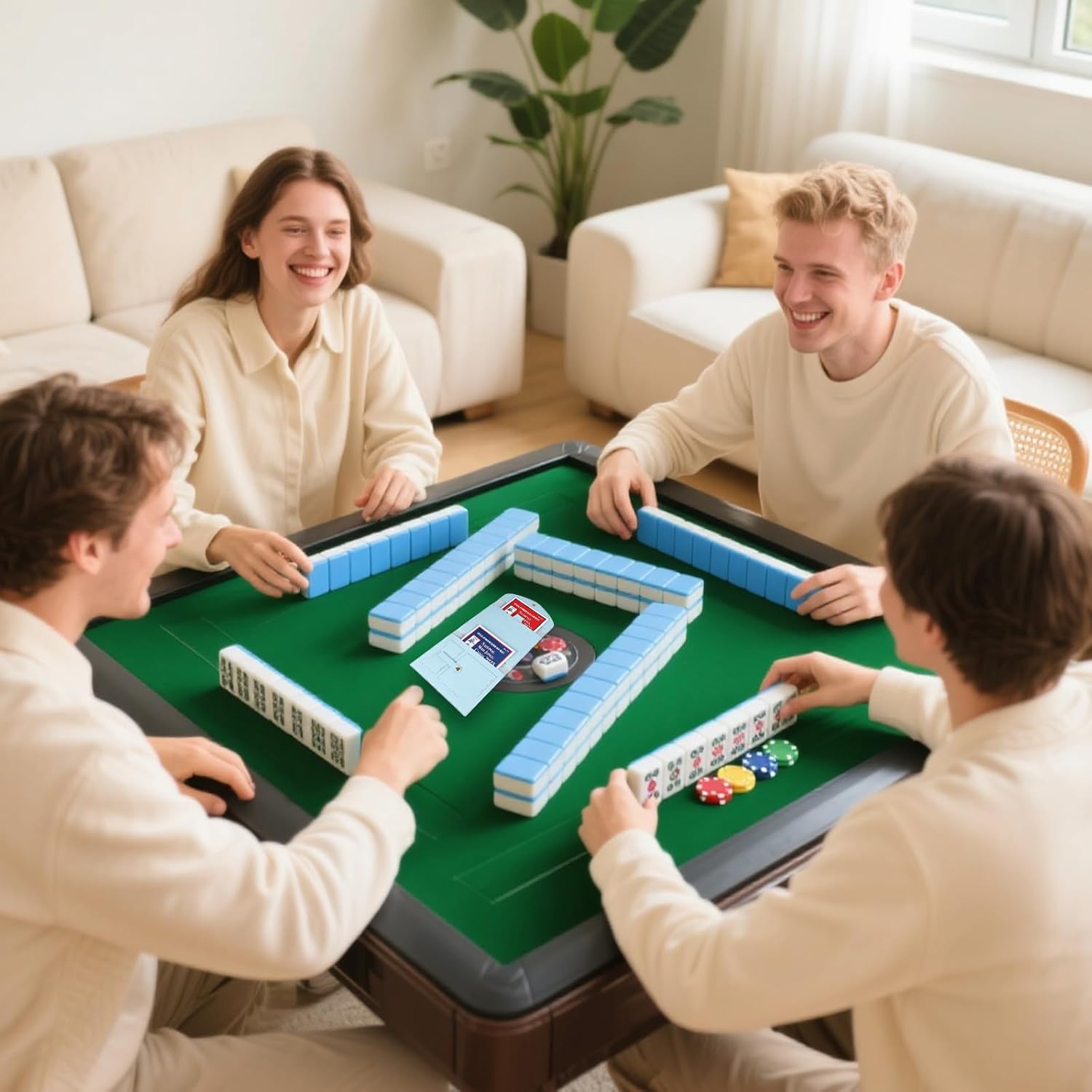 Imitation Leather Mahjong Card Sleeve,Multiple Pockets Large 17 * 8.7in Folio Mahjong Score Cards Holder (Blue)