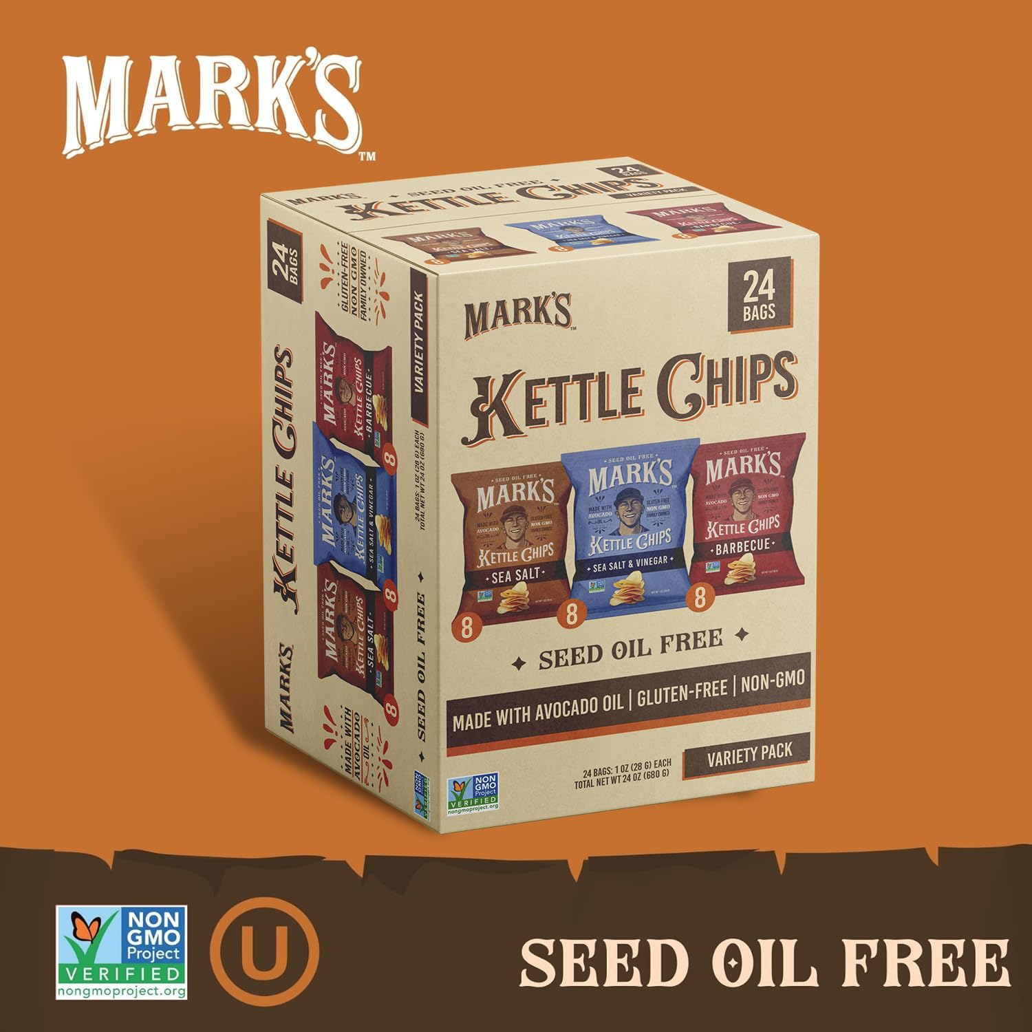 MARK’S Kettle Cooked Avocado Oil Potato Chips, Variety Pack – Gluten Free and Seed Oil Free | 3-Flavor Variety Pack, 1 oz (Pack of 24) | Non-GMO Chips for Clean & Healthy Snacking