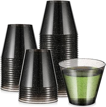 Baderke 100 Pcs Pcs Halloween Glitter Cup Disposable Cocktail, Black, 9 oz