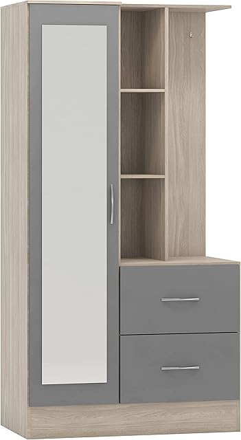 Seconique Nevada Mirrored Open Shelf Wardrobe - Grey Gloss/Light Oak Effect Veneer